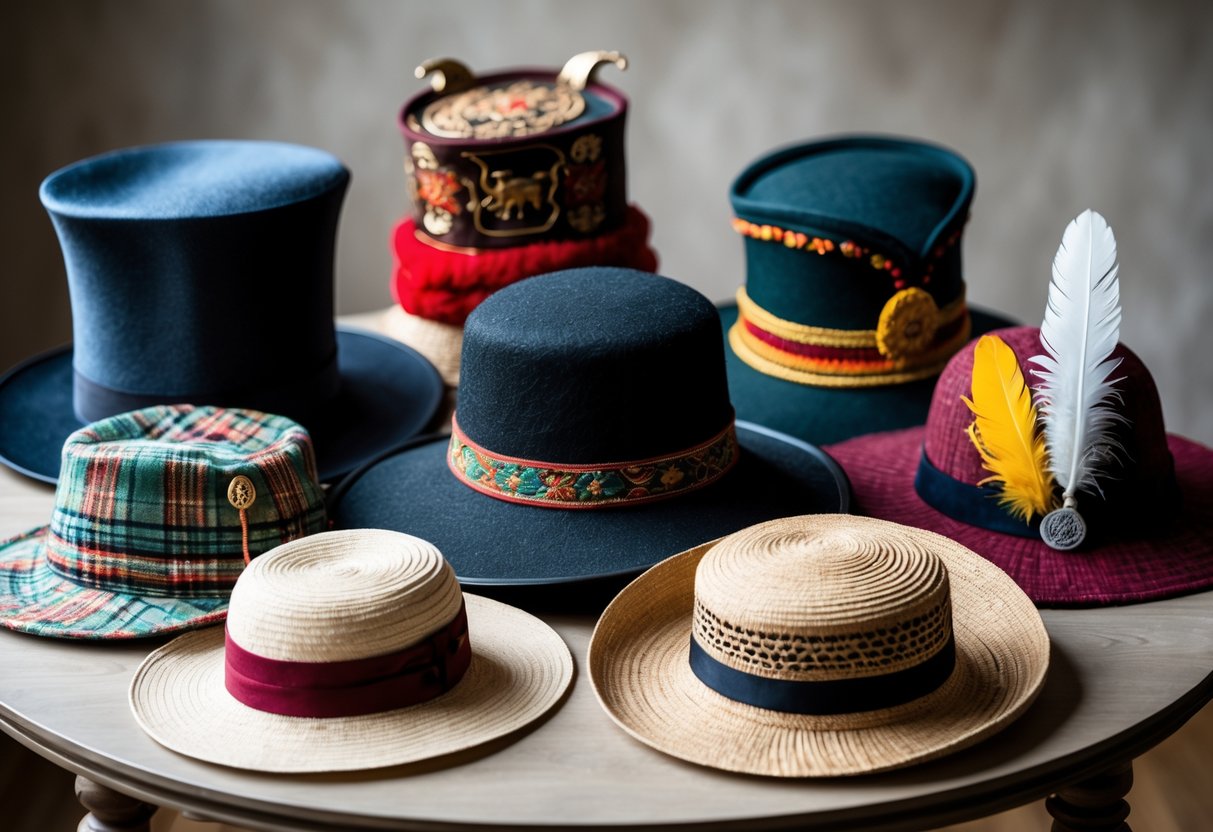 A variety of hats from different cultures and historical periods displayed on a wooden table.