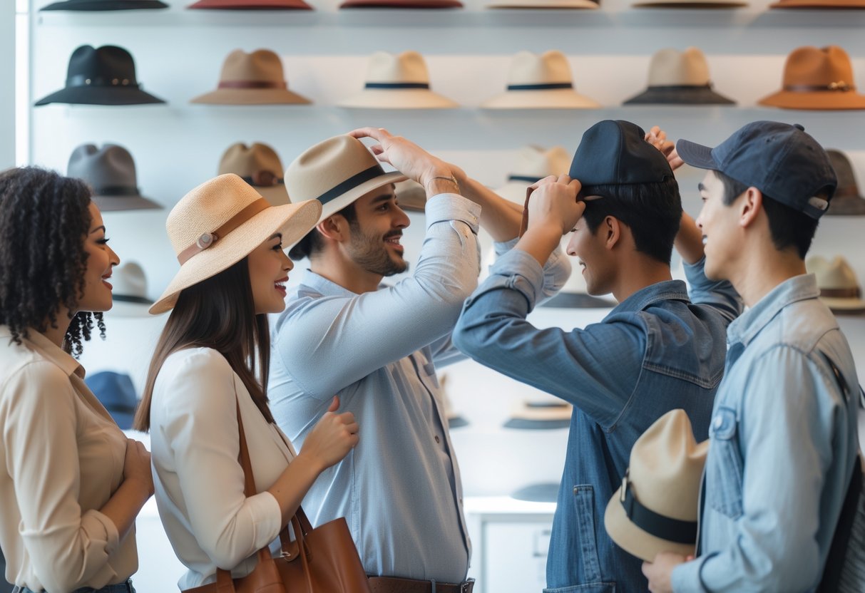 People trying on different types of hats in a bright store with shelves of various hats in the background.