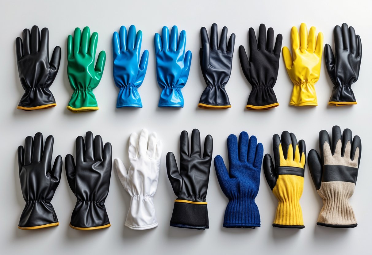 A collection of various types of gloves including leather, rubber, latex, knitted, and work gloves arranged on a white surface.