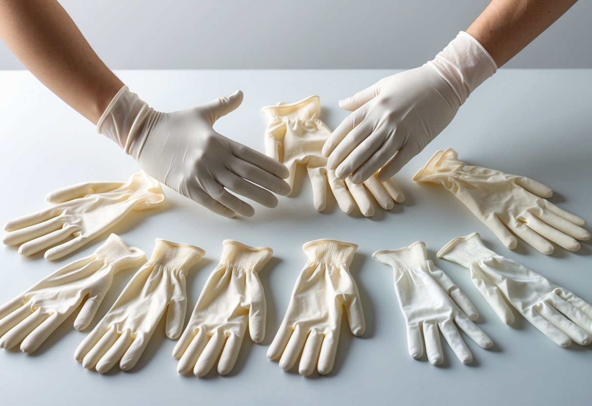 Various types of latex gloves displayed on a white surface, some worn on a hand to show fit and texture.
