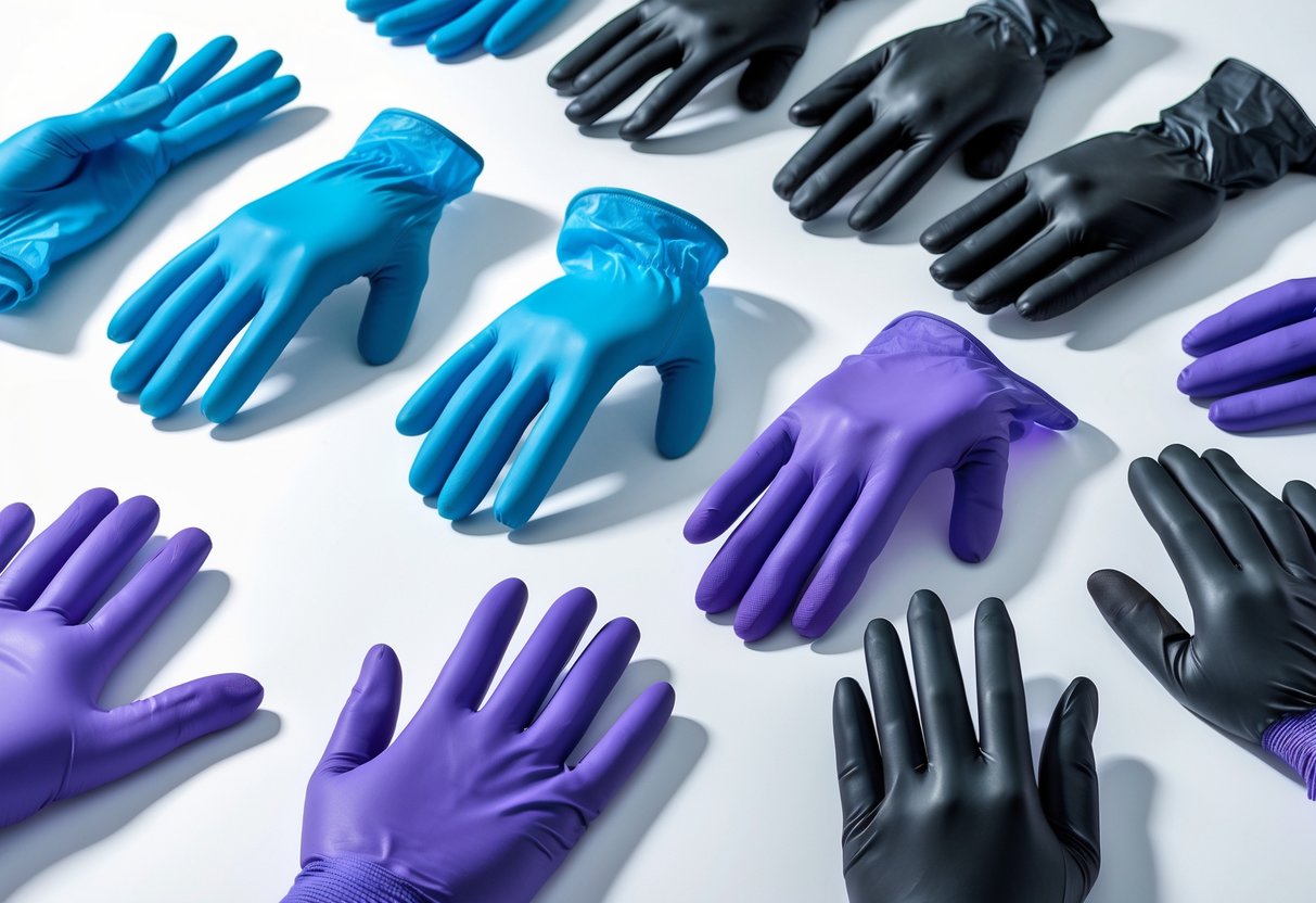 Various types of nitrile gloves in different colors arranged neatly on a white surface.
