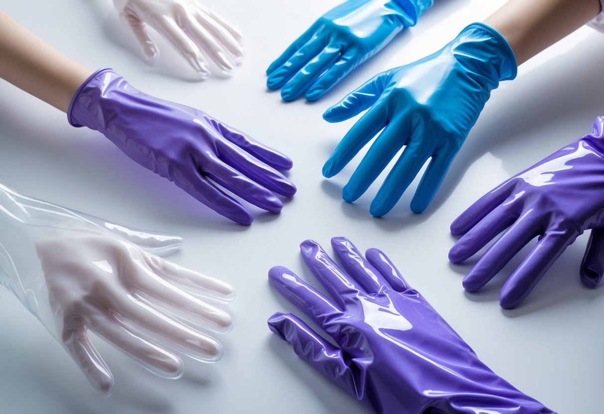 An assortment of vinyl gloves in different colors displayed on a white surface, with some gloves worn on a mannequin hand.