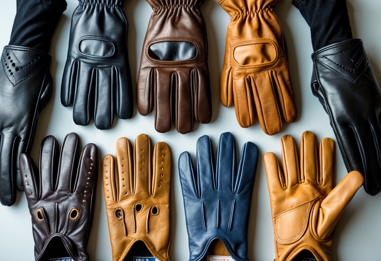 A collection of different types of leather gloves arranged on a plain surface, showing various styles and colors.