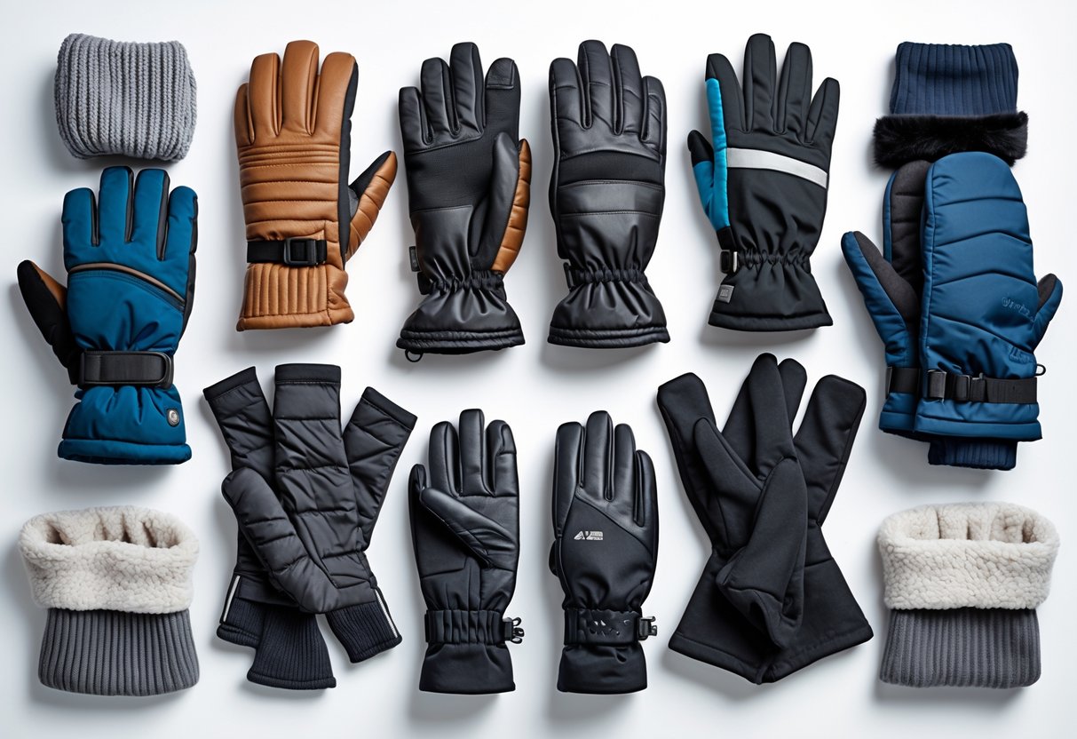 A collection of different types of winter gloves arranged on a white background.