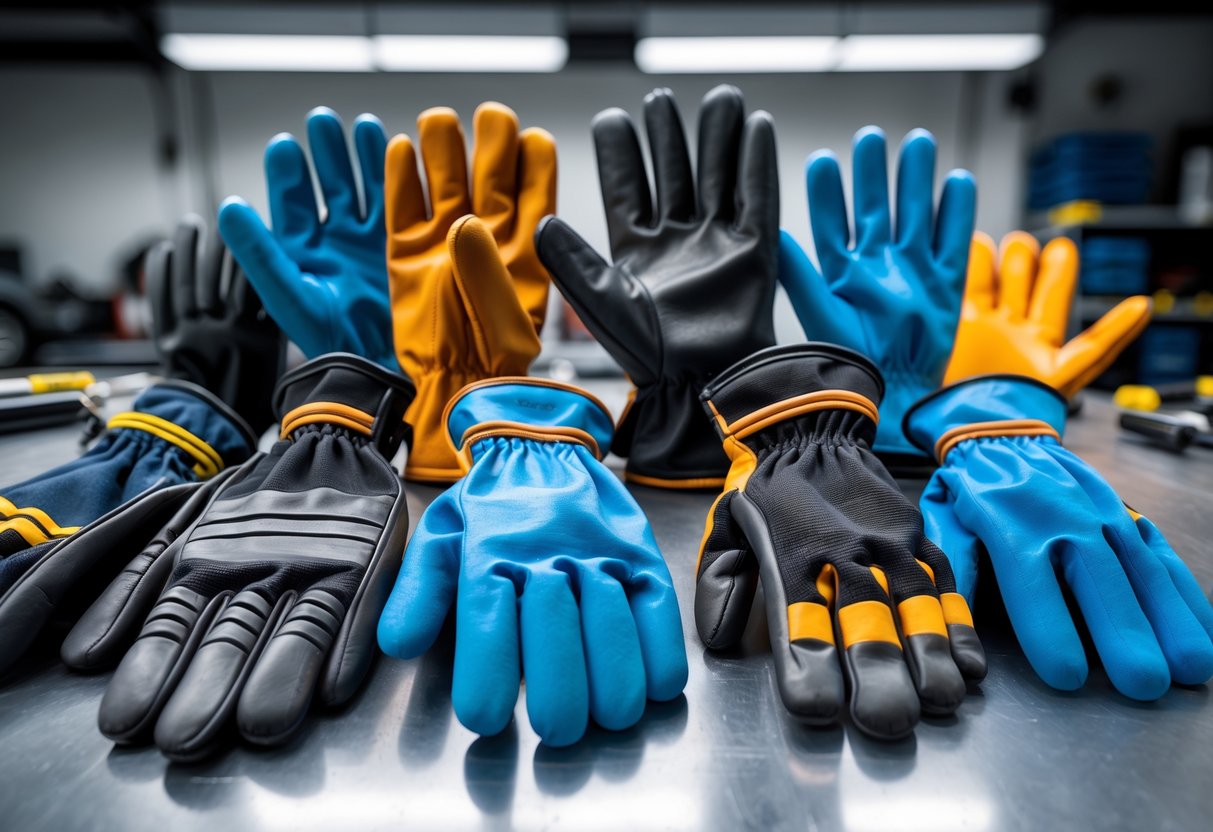 A collection of different types of mechanic gloves arranged on a workbench in a garage.