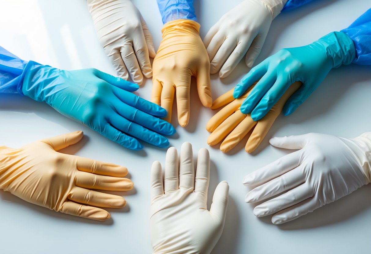 A selection of different types of medical examination gloves arranged on a white surface, including latex, nitrile, and vinyl gloves.
