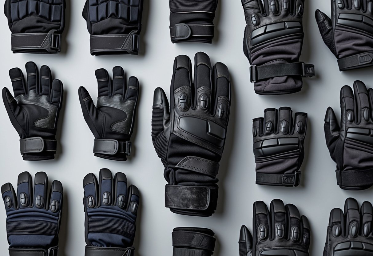 Various types of tactical gloves arranged neatly on a plain background showing different designs and materials.