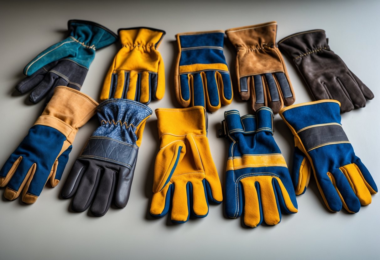 A variety of welding gloves of different styles and materials arranged on a plain surface.