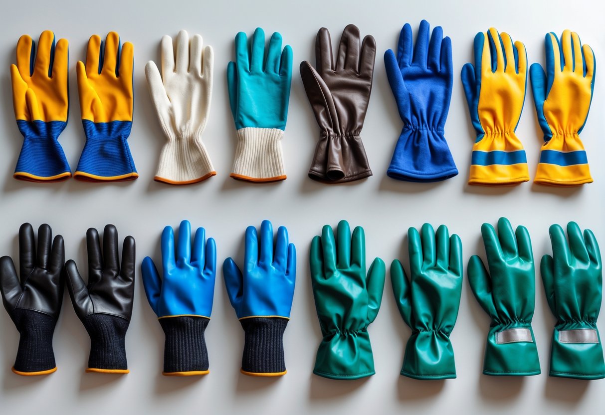 A variety of different types of gloves arranged neatly on a white surface, including latex, leather, wool, gardening, and industrial gloves.