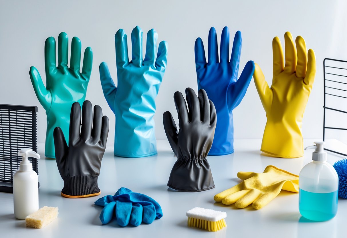 A variety of gloves including rubber, leather, latex, and winter gloves displayed on a clean workspace with cleaning and maintenance items nearby.