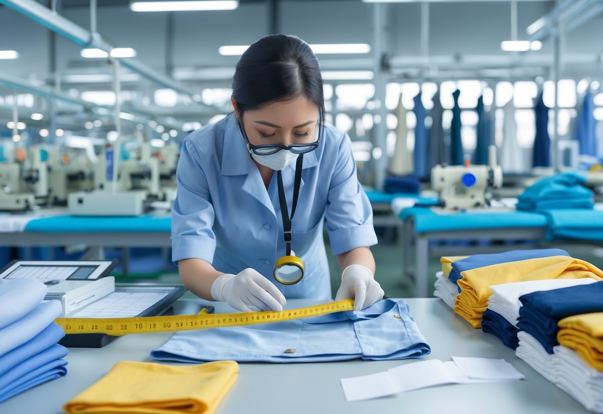 A quality inspector examines a garment on a table in a clothing manufacturing facility with sewing machines and finished clothes in the background.