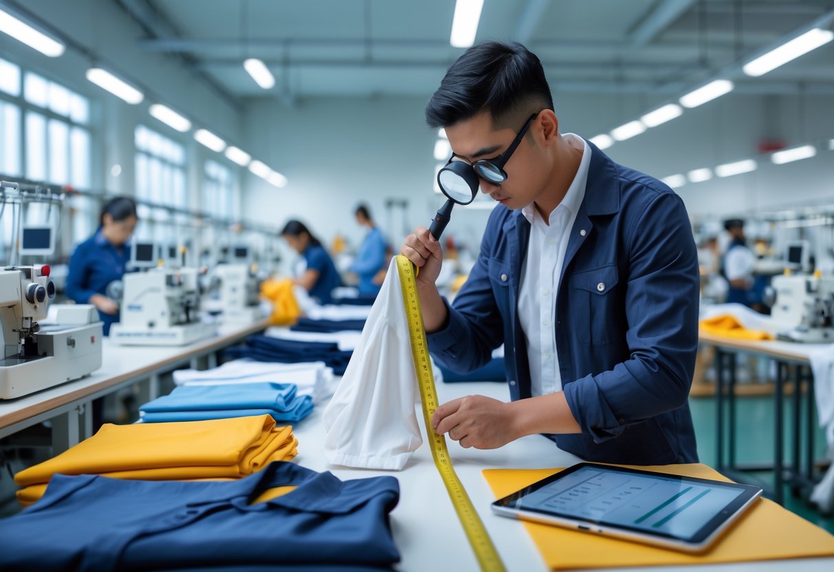 A clothing quality inspector examining a garment in a manufacturing facility with sewing machines and fabric rolls in the background.