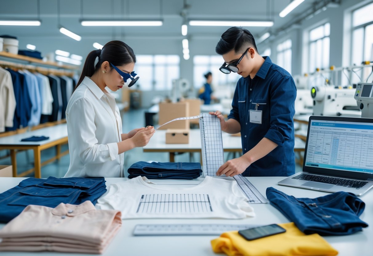 Workers inspecting clothing items and measuring fabric in a clothing manufacturing facility during quality control.