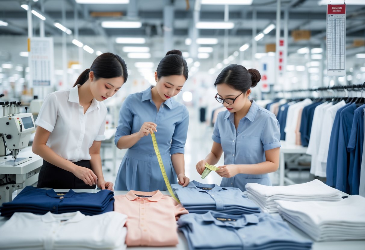 Workers inspecting garments and fabric in a clothing manufacturing facility with sewing machines and quality control tools.