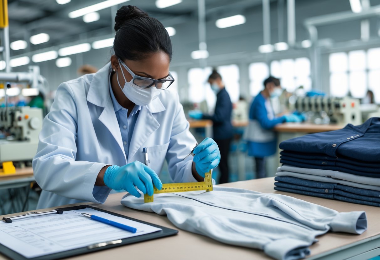 A quality control inspector examines a garment on a table in a clothing factory, using measurement tools and checklists.