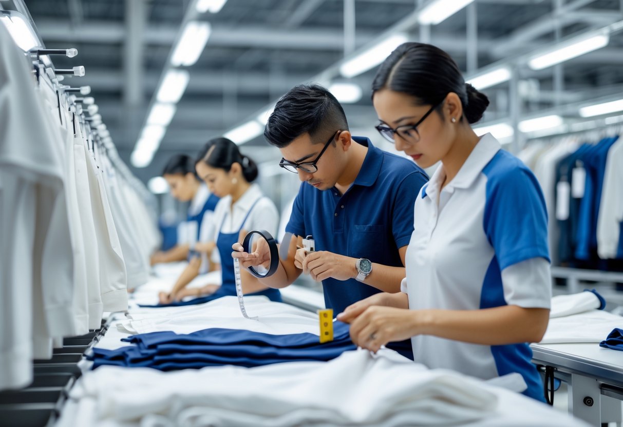 Workers inspecting clothing garments on a production line in a modern factory to ensure quality control.