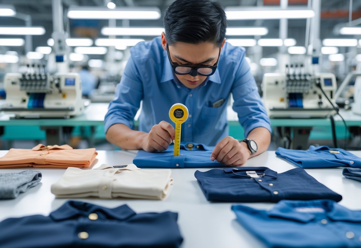 A quality inspector examining clothing items on a table with sewing machines and fabric rolls in the background.