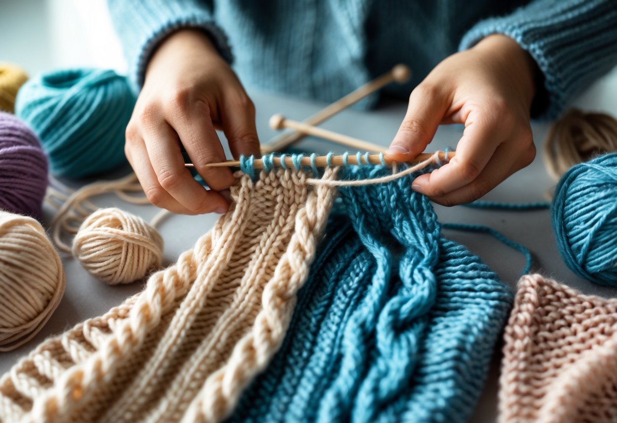 Close-up of hands knitting with colorful yarn surrounded by different types of knitted fabric samples.