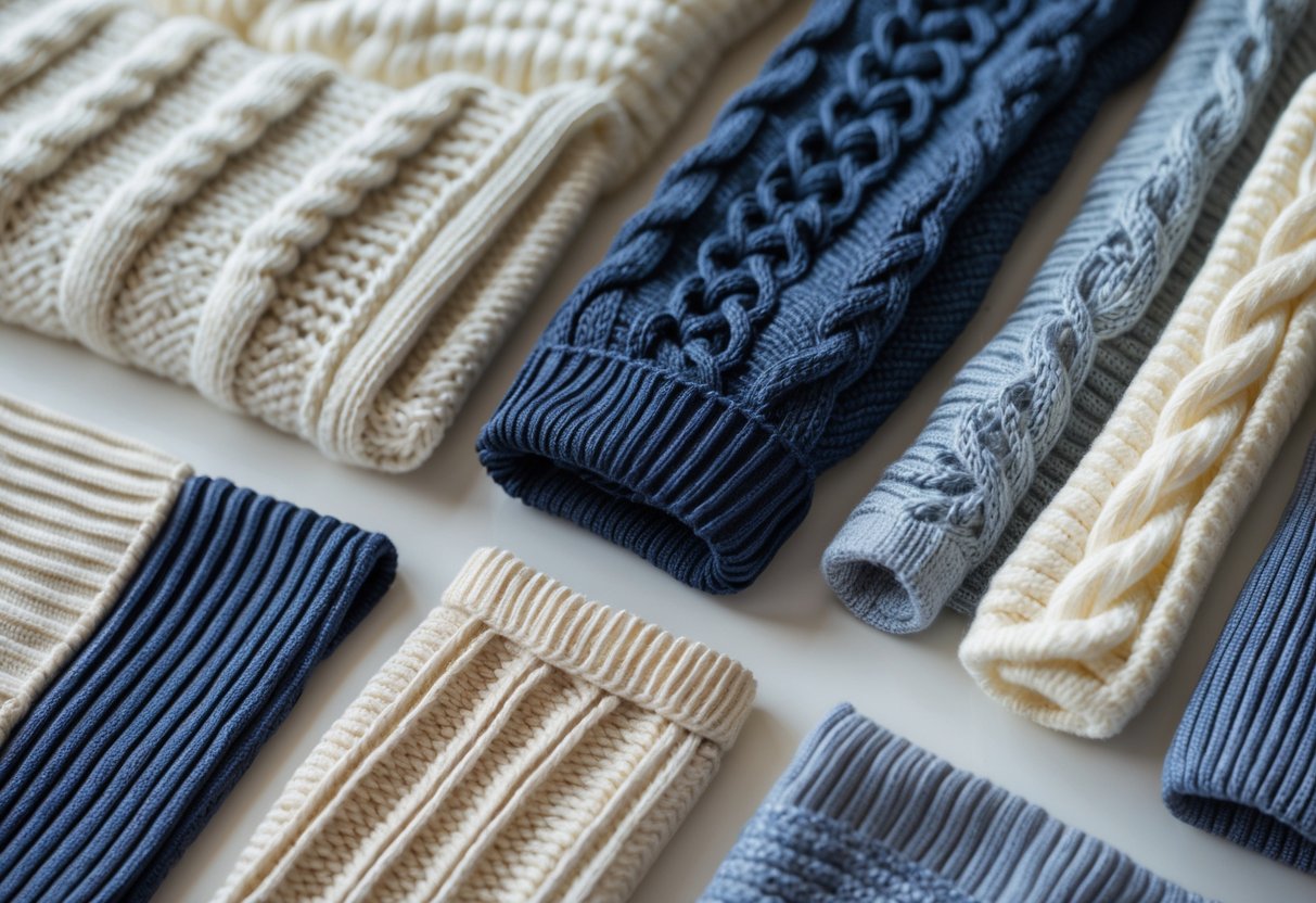 Close-up view of various knitted fabrics with different textures and patterns arranged on a neutral surface.