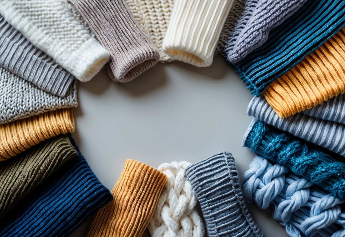 Close-up view of various knitted fabric samples showing different textures and patterns arranged neatly on a plain background.