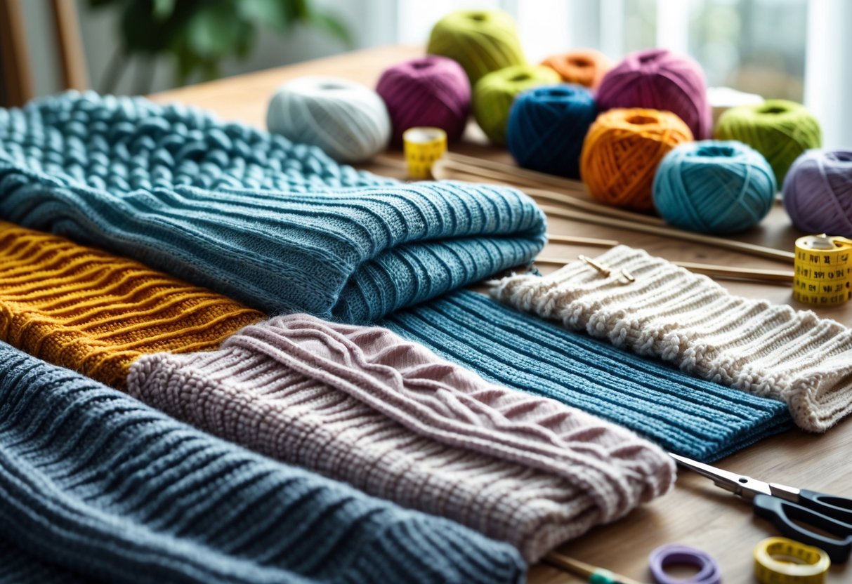 A table with various types of knitted fabrics, knitting needles, yarn balls, and sewing tools arranged neatly.