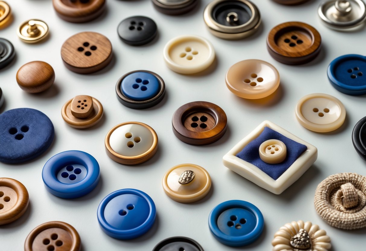 A collection of different types of clothing buttons arranged neatly on a neutral background, showing various shapes, materials, and colors.