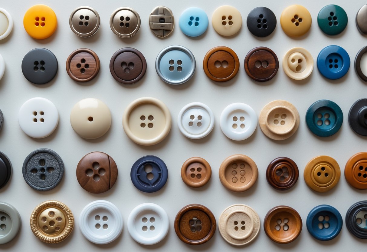 A collection of various flat buttons for clothes arranged on a plain background.
