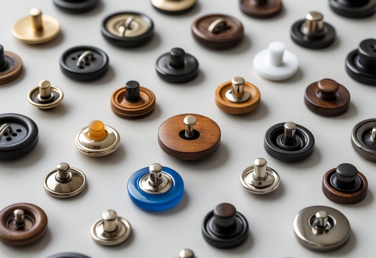 Close-up view of various shank buttons of different sizes, colors, and materials arranged neatly on a neutral background.
