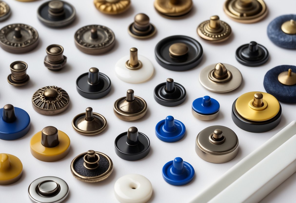 Close-up view of various stud buttons for clothing arranged on a white background.
