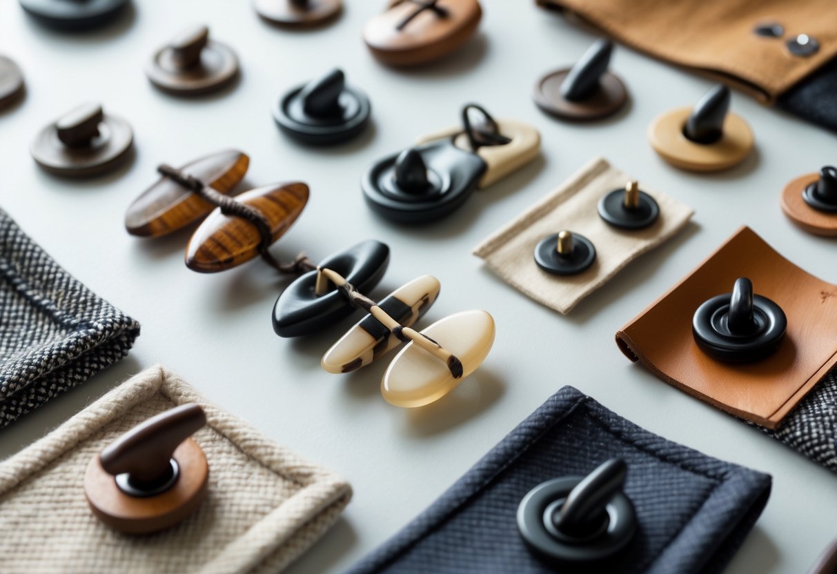 Close-up view of various toggle buttons attached to different fabric swatches arranged on a neutral background.
