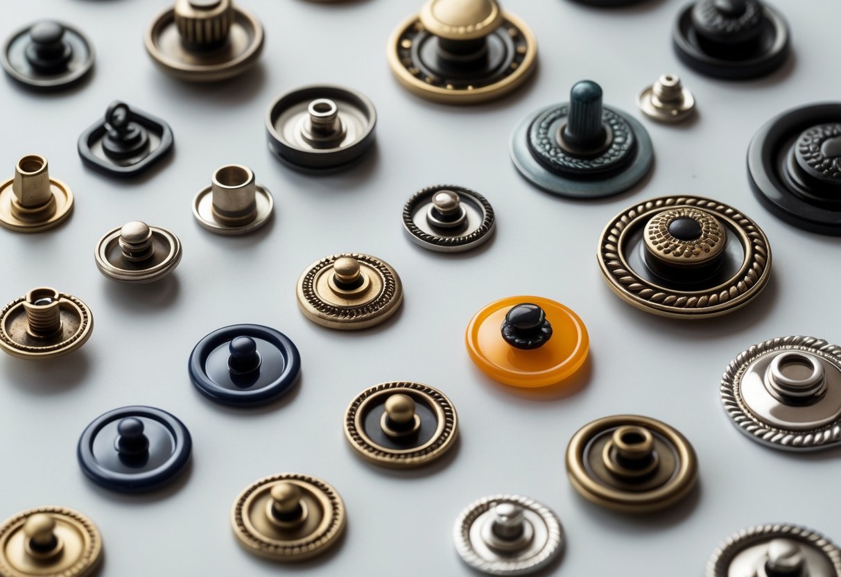 Close-up view of various types of snap buttons for clothes arranged on a plain background.