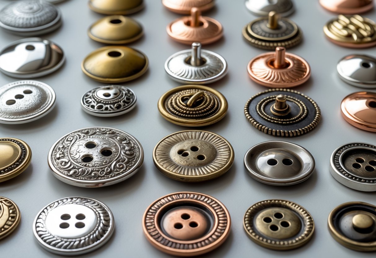 A collection of various metal buttons for clothing arranged neatly on a plain background.