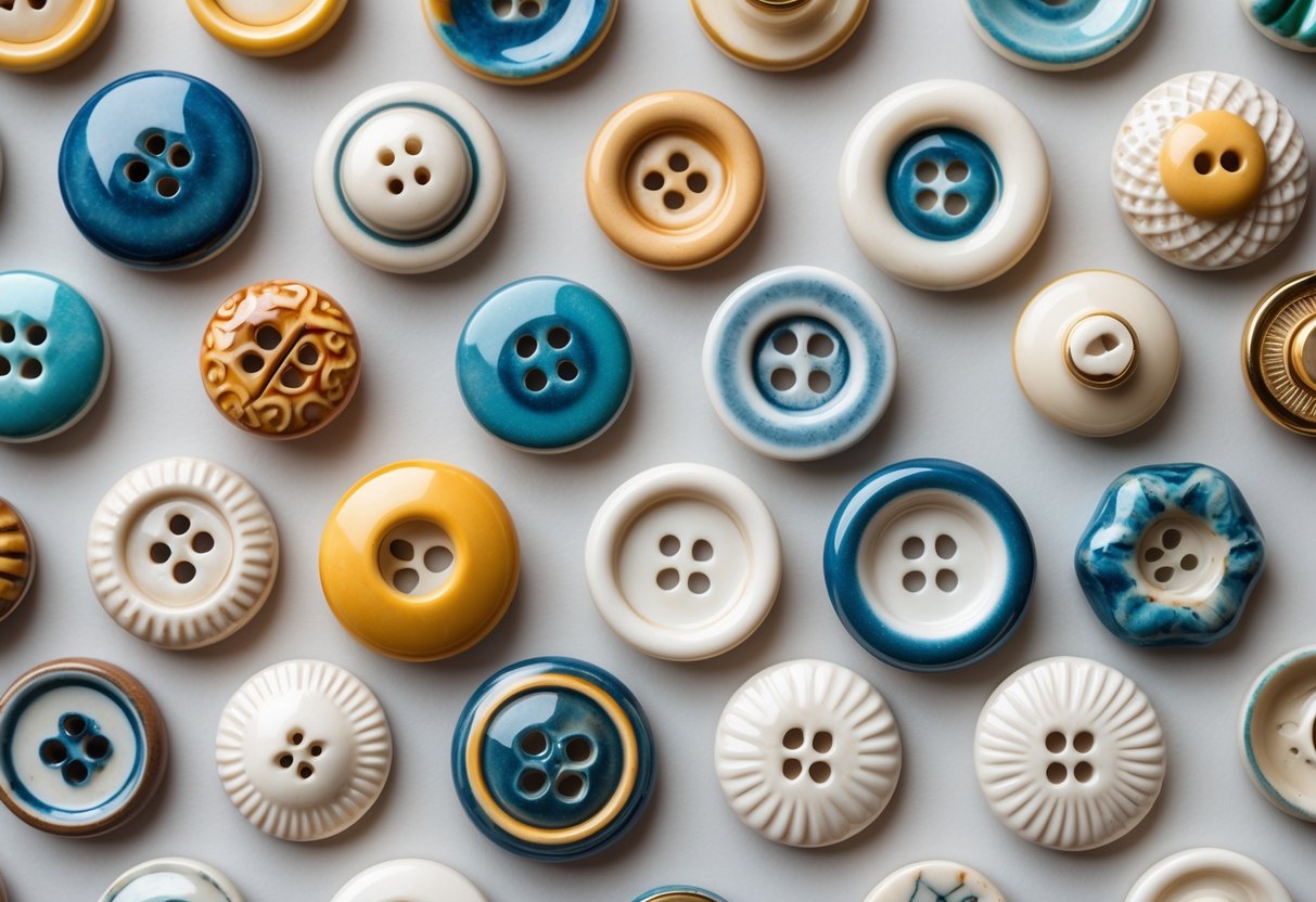 An assortment of ceramic buttons of different shapes, sizes, and colors arranged neatly on a plain background.