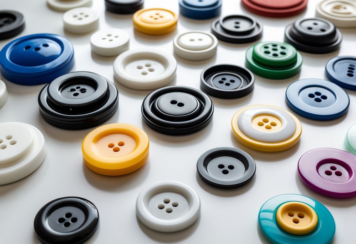 A collection of various plastic buttons in different shapes, sizes, and colors arranged on a white surface.