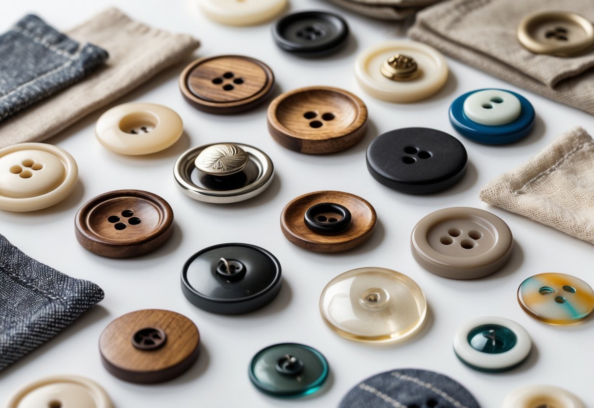 Close-up view of various clothing buttons made from different materials arranged on a white surface with fabric swatches.