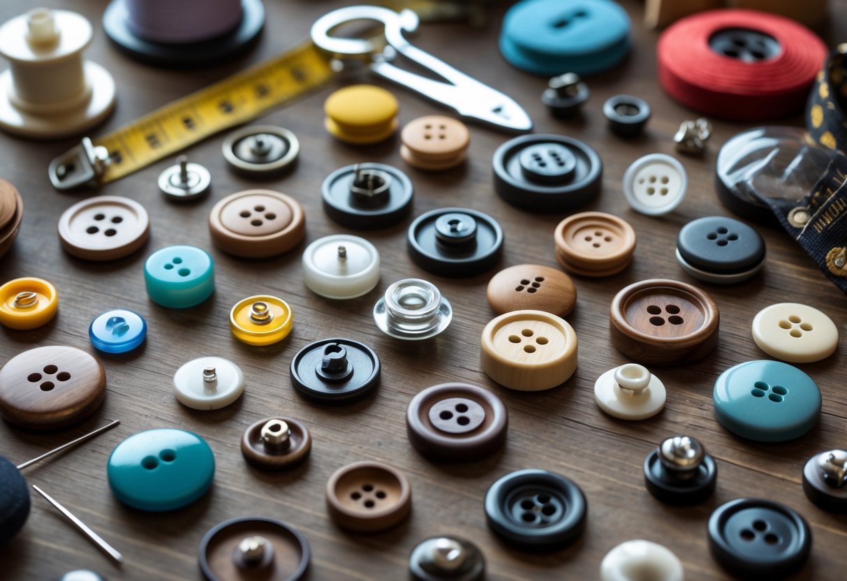 A close-up view of various buttons and sewing tools arranged on a wooden surface.