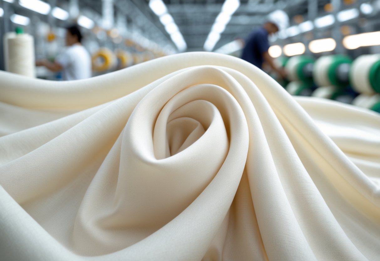 Close-up of smooth viscose fabric with textile production machinery and workers blurred in the background.