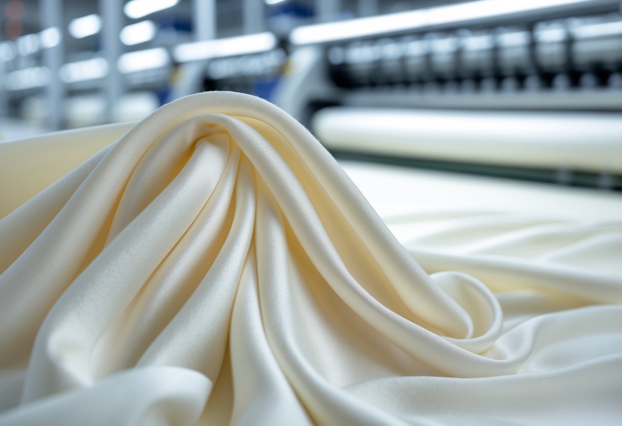 Close-up of smooth viscose fabric with a blurred textile factory in the background.