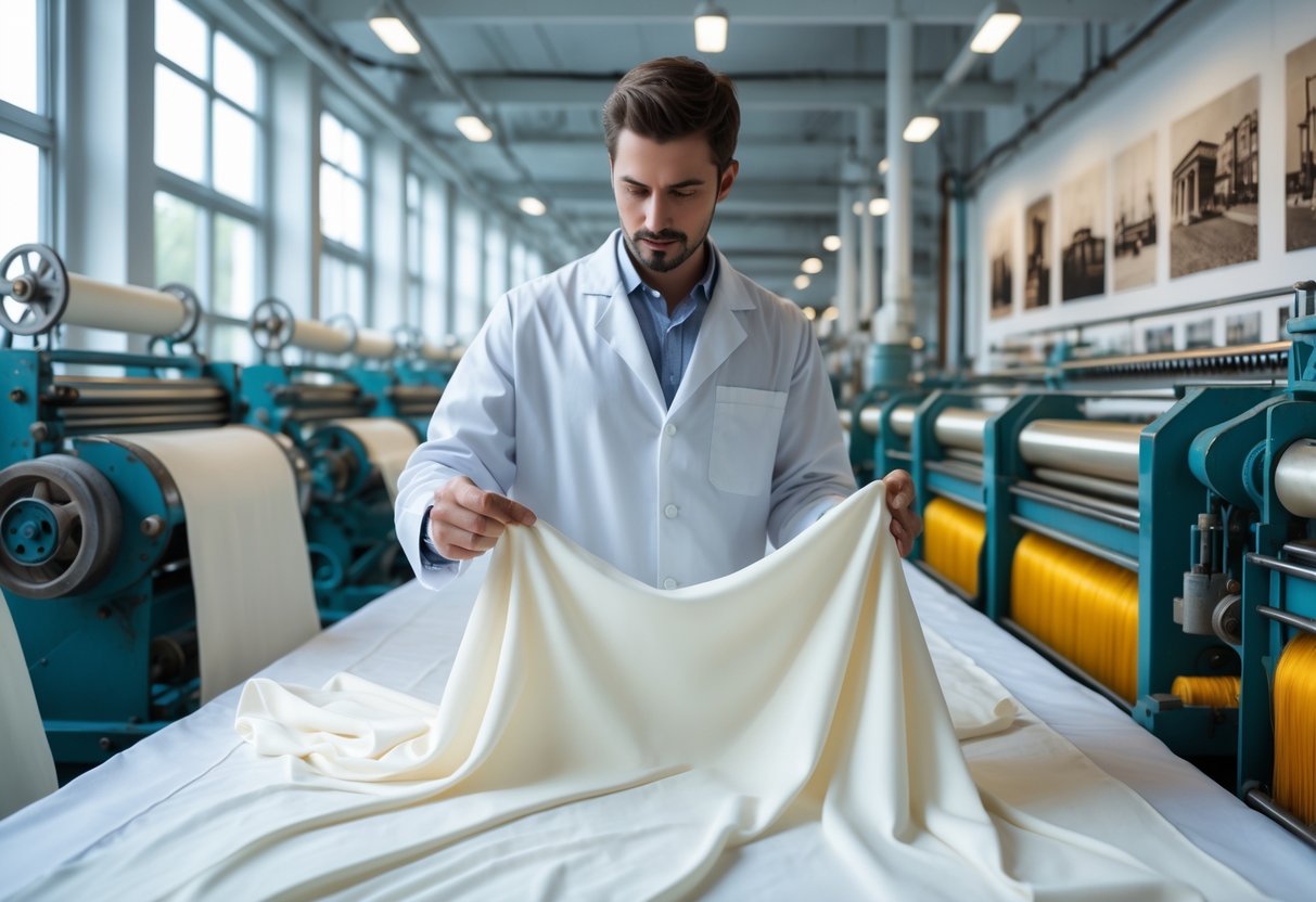 A technician in a textile factory examining viscose fabric with industrial machines and vintage textile equipment in the background.