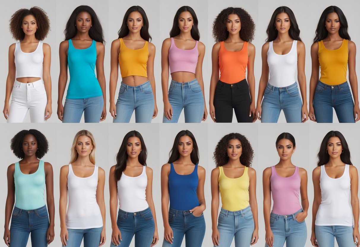 A group of women wearing different styles of basic tank tops, standing in a studio with a plain background.