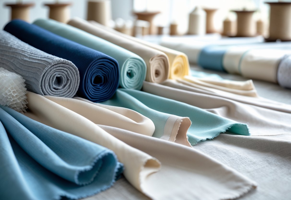 Various viscose fabric swatches displayed neatly with textile production tools in the background.