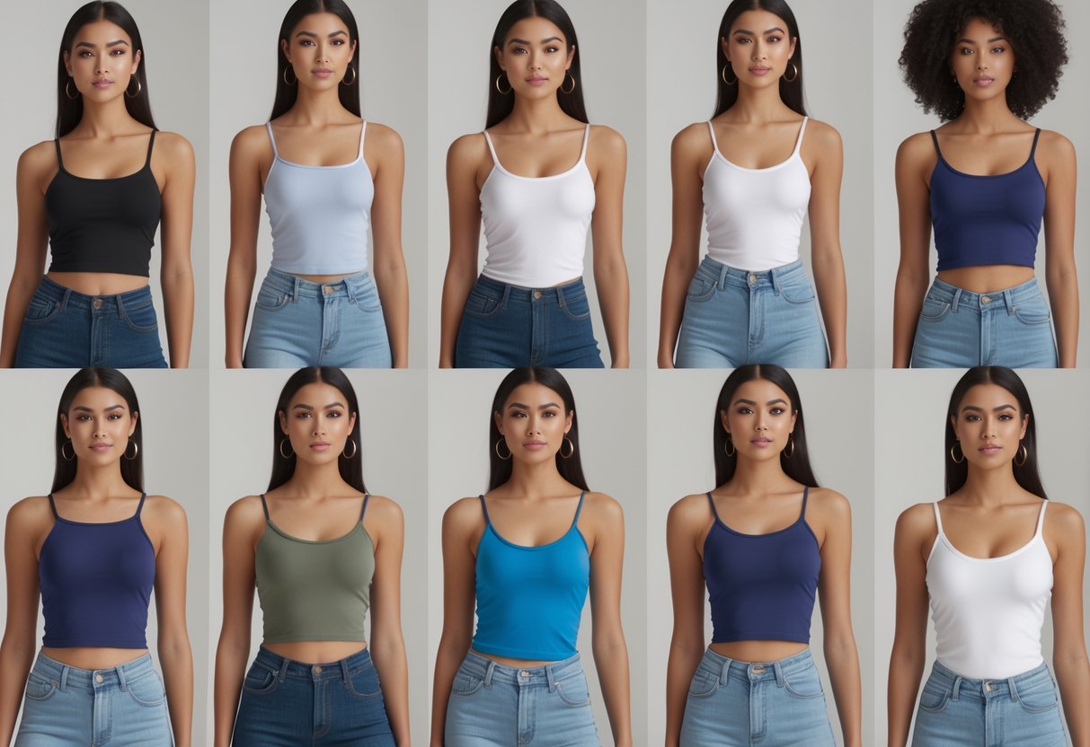 A group of women wearing twelve different styles of tank tops, standing and posing against a plain background.