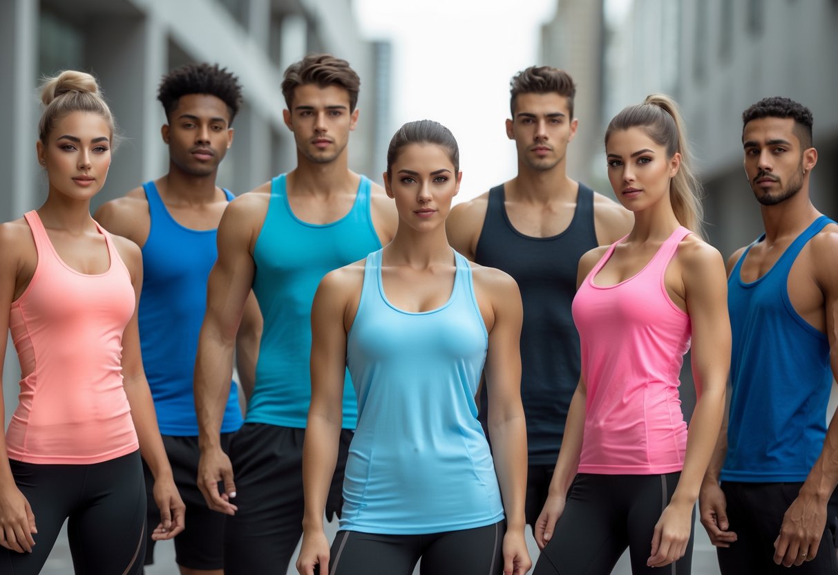 Six young adults standing outdoors wearing different styles of muscle tank tops, posing confidently in a casual urban environment.