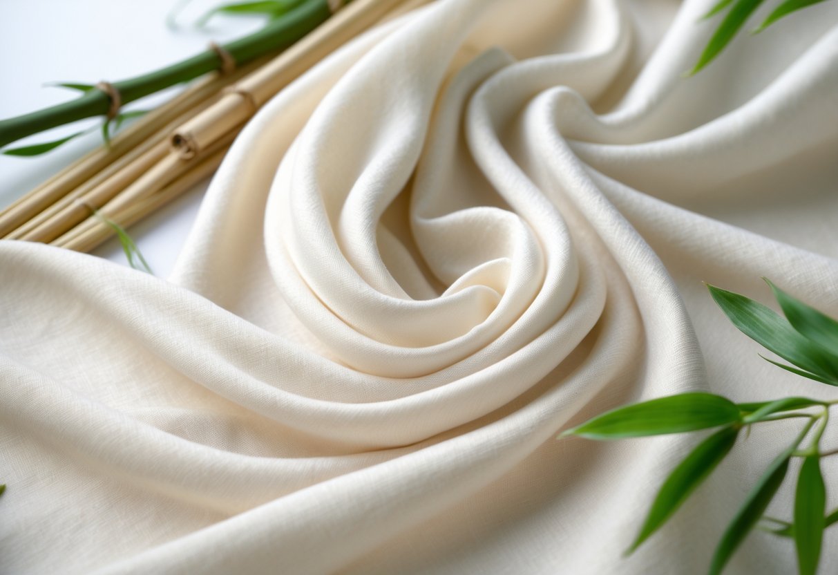 Close-up of soft, smooth viscose fabric draped elegantly with natural fibers and plants in the background.