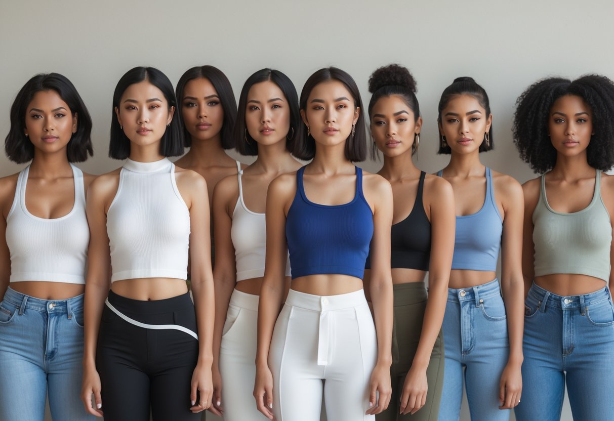 Twelve women standing side by side, each wearing a different style of cropped tank top, posing against a plain background.