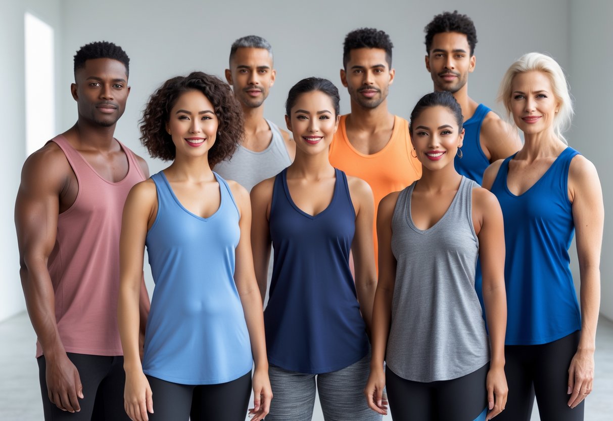 Six adults wearing different styles of V-neck tank tops standing together in a bright studio.