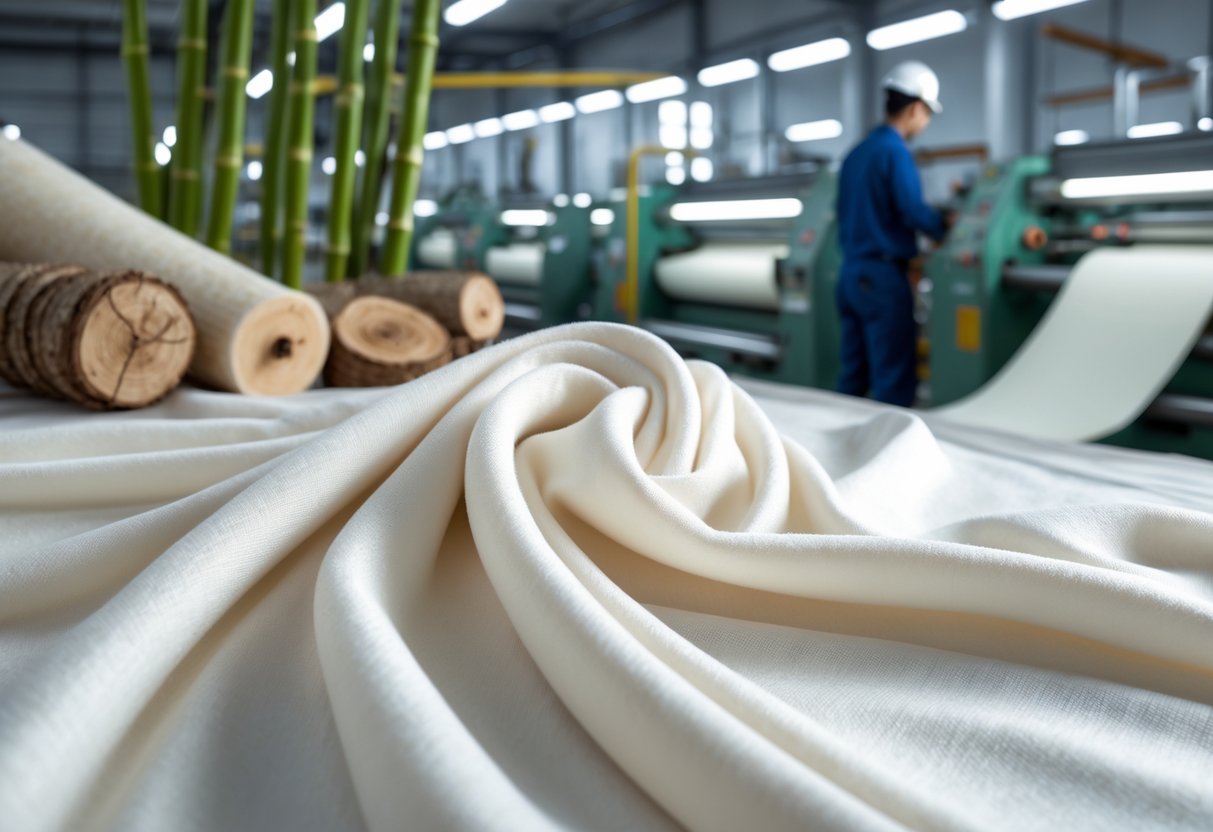 Close-up of soft viscose fabric with natural raw materials and textile factory machinery in the background.