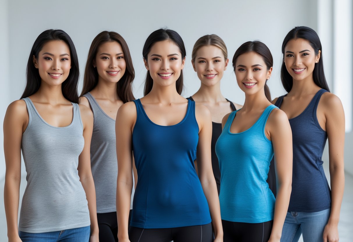 Six women standing together wearing different styles of tank tops, including a scoop neck tank top, in a bright studio.
