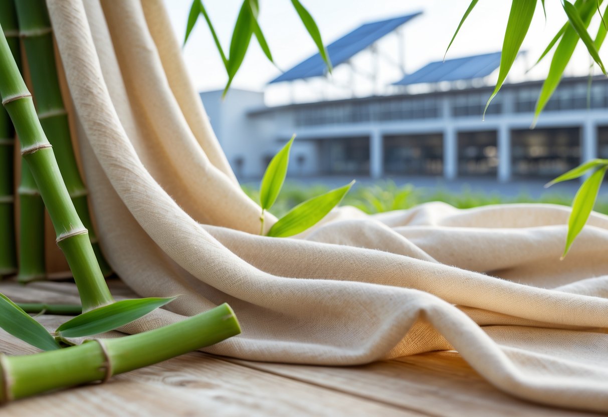 Close-up of beige viscose fabric draped over wood with green bamboo stalks nearby and a modern eco-friendly textile factory in the background.