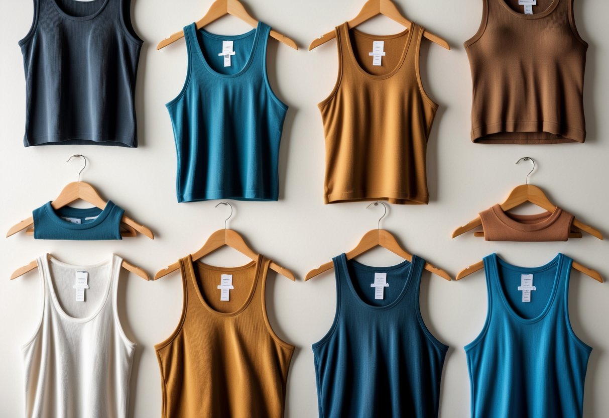 Twelve different thermal tank tops displayed neatly on a neutral background, showing various colors and styles.